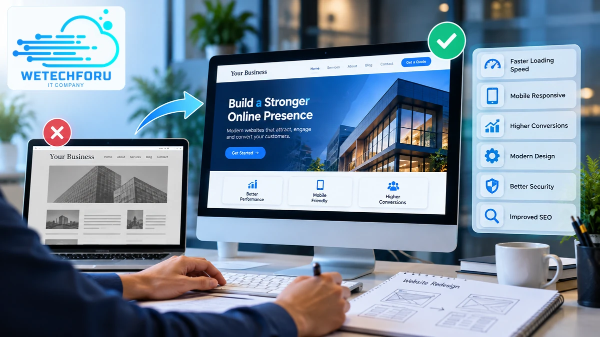 Wetechforu website redesign illustrating improvements in website performance, mobile responsiveness, conversions, security, and SEO.
